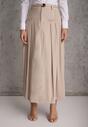 Beżowa Rozkloszowana Spódnica z Wiskozy Zdobiona Plisami i Paskiem Durklea