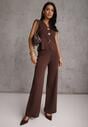 Brązowy Komplet z Wiskozą Szerokie Spodnie i Kamizelka z Aplikacjami 3D Hirimi