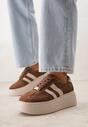Brązowe Sneakersy na Platformie ze Skóry Naturalnej Ozdobione Paskami Sovimi