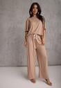 Beżowy Oversizowy Komplet Zdobiony Cyrkoniami T-shirt i Spodnie Arnateia