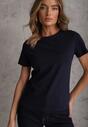 Granatowy T-shirt z Bawełny z Okrągłym Dekoltem Nedima