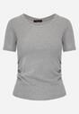 Szary T-shirt w Prążki z Marszczeniami po Bokach Nedala