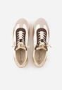 Beżowo-Złote Sneakersy ze Skórzaną Wkładką Ozdobione Metaliczną Aplikacją Tidina