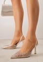 Beżowe Szpilki z Odkrytą Piętą i Transparentnym Noskiem z Cyrkoniami Kalinata