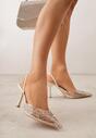 Beżowe Szpilki z Odkrytą Piętą i Transparentnym Noskiem z Cyrkoniami Kalinata