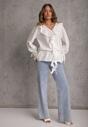 Biała Eteryczna Bluzka z Bawełny Zdobiona Falbankami i Ściągaczem w Pasie Cezarelle