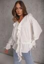 Biała Eteryczna Bluzka z Bawełny Zdobiona Falbankami i Ściągaczem w Pasie Cezarelle