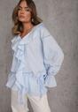 Niebieska Eteryczna Bluzka z Bawełny Zdobiona Falbankami i Ściągaczem w Pasie Cezarelle