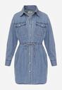 Niebieska Jeansowa Bawełniana Sukienka Koszulowa z Wiązaniem i Marszczeniem Enatta