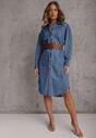 Niebieska Jeansowa Sukienka Koszulowa Oversize z Bawełną i Paskiem Cianatra