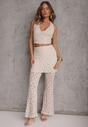 Beżowy Komplet z Koronki Top Halter i Spodnie Zdobione Wszytą Spódnicą Celanix