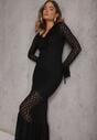 Czarna Wieczorowa Sukienka z Koronki Zdobiona Falbanami Lunetra
