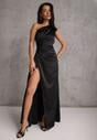 Czarna Koktajlowa Sukienka Satynowa na Jedno Ramię Zdobiona Marszczeniem Cezalina