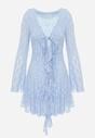 Niebieska Eteryczna Sukienka z Koronki z Falbankami i Wiązaniem Dianatta