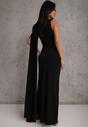 Czarna Wieczorowa Sukienka Marszczona z Wszytym Szalem i Biżuteryjną Broszką Cezalia