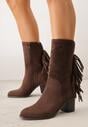 Ciemnobrązowe Botki Ażurowe Kowbojki z Wkładką ze Skóry Nauralnej i Frędzlami Cezive