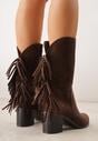 Ciemnobrązowe Botki Ażurowe Kowbojki z Wkładką ze Skóry Nauralnej i Frędzlami Cezive