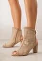 Beżowe Botki Peep Toe z Plecionki na Słupku ze Skórzaną Wkładką Alenika