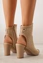 Beżowe Botki Peep Toe z Plecionki na Słupku ze Skórzaną Wkładką Alenika