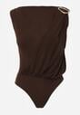 Brązowe Body z Dekoltem Łódka Zdobione Marszczeniem i Aplikacją na Ramieniu Havrina