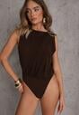 Brązowe Body z Dekoltem Łódka Zdobione Marszczeniem i Aplikacją na Ramieniu Havrina