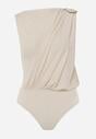 Beżowe Body z Dekoltem Łódka Zdobione Marszczeniem i Aplikacją na Ramieniu Havrina