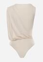 Beżowe Body z Dekoltem Łódka Zdobione Marszczeniem i Aplikacją na Ramieniu Havrina