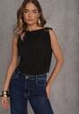 Czarne Body z Dekoltem Łódka Zdobione Marszczeniem i Aplikacją na Ramieniu Havrina