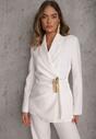 Biała Marszczona Marynarka Taliowana z Wiskozą z Ozdobą przy Wiązaniu Zynelle