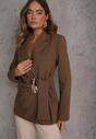 Brązowa Marszczona Marynarka Taliowana z Wiskozą z Ozdobą przy Wiązaniu Zynelle
