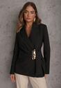 Czarna Marszczona Marynarka Taliowana z Wiskozą z Ozdobą przy Wiązaniu Zynelle