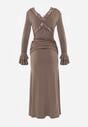 Brązowa Wiskozowa Sukienka Wieczorowa z Falbanami Koronką i Wiązanym Trenem Lenivna
