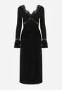 Czarna Wiskozowa Sukienka Wieczorowa z Falbanami Koronką i Wiązanym Trenem Lenivna