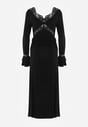 Czarna Wiskozowa Sukienka Wieczorowa z Falbanami Koronką i Wiązanym Trenem Lenivna
