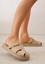 Beżowe Klapki z Zakrytym Noskiem i Ozdobnymi Paskami z Klamerką Themine