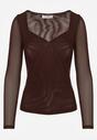 Ciemnobrązowa Bluzka Longsleeve z Siateczki z Wiskozą z Dekoltem w Serce Elinevia