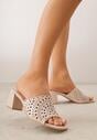 Beżowe Ażurowe Klapki na Słupkowym Obcasie z Kwadratowym Noskiem Lumetia