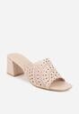 Beżowe Ażurowe Klapki na Słupkowym Obcasie z Kwadratowym Noskiem Lumetia