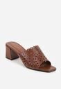 Brązowe Ażurowe Klapki na Słupkowym Obcasie z Kwadratowym Noskiem Lumetia