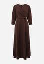 Brązowa Elegancka Sukienka o Kopertowym Kroju Zdobiona Aplikacją w Talii Zilendra