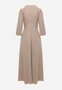 Beżowa Elegancka Sukienka o Kopertowym Kroju Zdobiona Aplikacją w Talii Zilendra