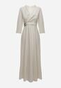 Jasnobeżowa Elegancka Sukienka o Kopertowym Kroju Zdobiona Aplikacją w Talii Zilendra