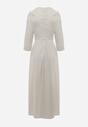 Jasnobeżowa Elegancka Sukienka o Kopertowym Kroju Zdobiona Aplikacją w Talii Zilendra
