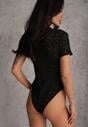 Czarne Body z Koronki o Dopasowanym Kroju z Krótkim Rękawem Adradina