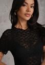 Czarne Body z Koronki o Dopasowanym Kroju z Krótkim Rękawem Adradina