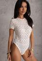 Białe Body z Koronki o Dopasowanym Kroju z Krótkim Rękawem Adradina
