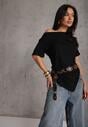 Czarna Asymetryczna Bluzka z Wiskozy z Krótkim Rękawem Zdobiona Marszczeniem Undishi