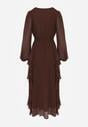 Brązowa Rustykalna Sukienka Wieczorowa z Falbanami i Marszczeniem w Talii Himereanes
