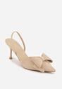 Beżowe Szpilki z Imitacji Zamszu z Paskiem na Piętę i Ozdobną Kokardą Themigeia