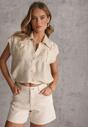 Beżowa Boho Koszula z Wiskozy Bez Rękawów ze Ściągaczem w Talii Assabel
